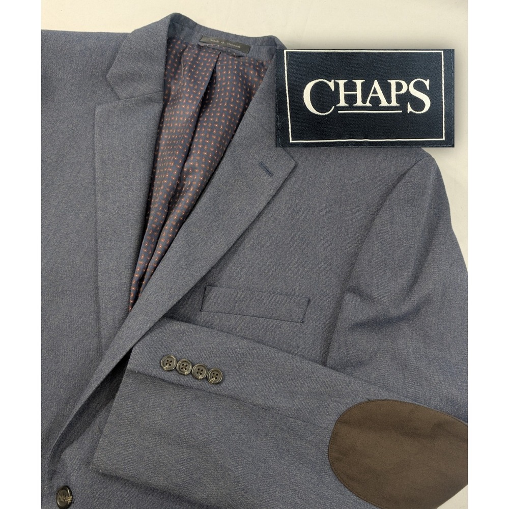 Chaps Blazer Coat Sport Suit Jacket Poly Blend Blue Elbow Patches 48L 50" Chest